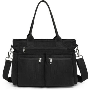 Corduroy Crossbody Tote Bag for Women Cute Shoulder Bag Large Messenger Bag Commuter School Purse Handbag Work Multi Pocket(black)