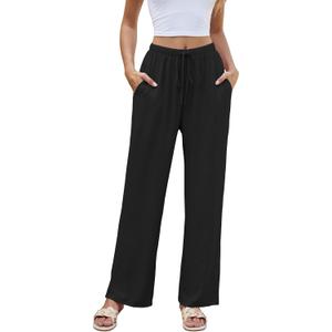 NILOUFO Women Summer Casual High Waist Wide Leg Pants Fashion Lightweight Flowy Boho Beach Trousers with Pockets (Small, Black)