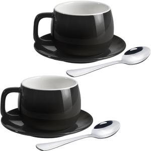 ionEgg Porcelain Coffee Cup with Saucers and Spoons 270ml/9oz for Latte, Cappuccino and Tea, Black, Set of 2