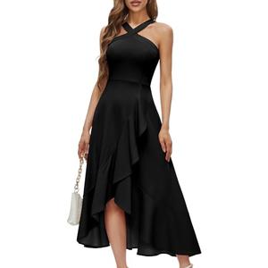 Bbonlinedress Black Halter Cocktail Formal Dress Women Wedding Guest Evening Prom Ruffled Maxi Homecoming Dress Black XL