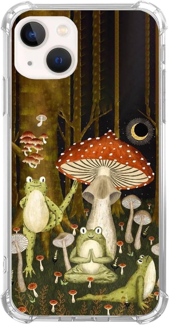 3 x Hippy Frog Yoga Collage Phone Case Compatible with iPhone 15, Mushroom Forest Case for Girl Women Men, Silicone Shockproof TPU Bumper Protective Cover Case for iPhone 15