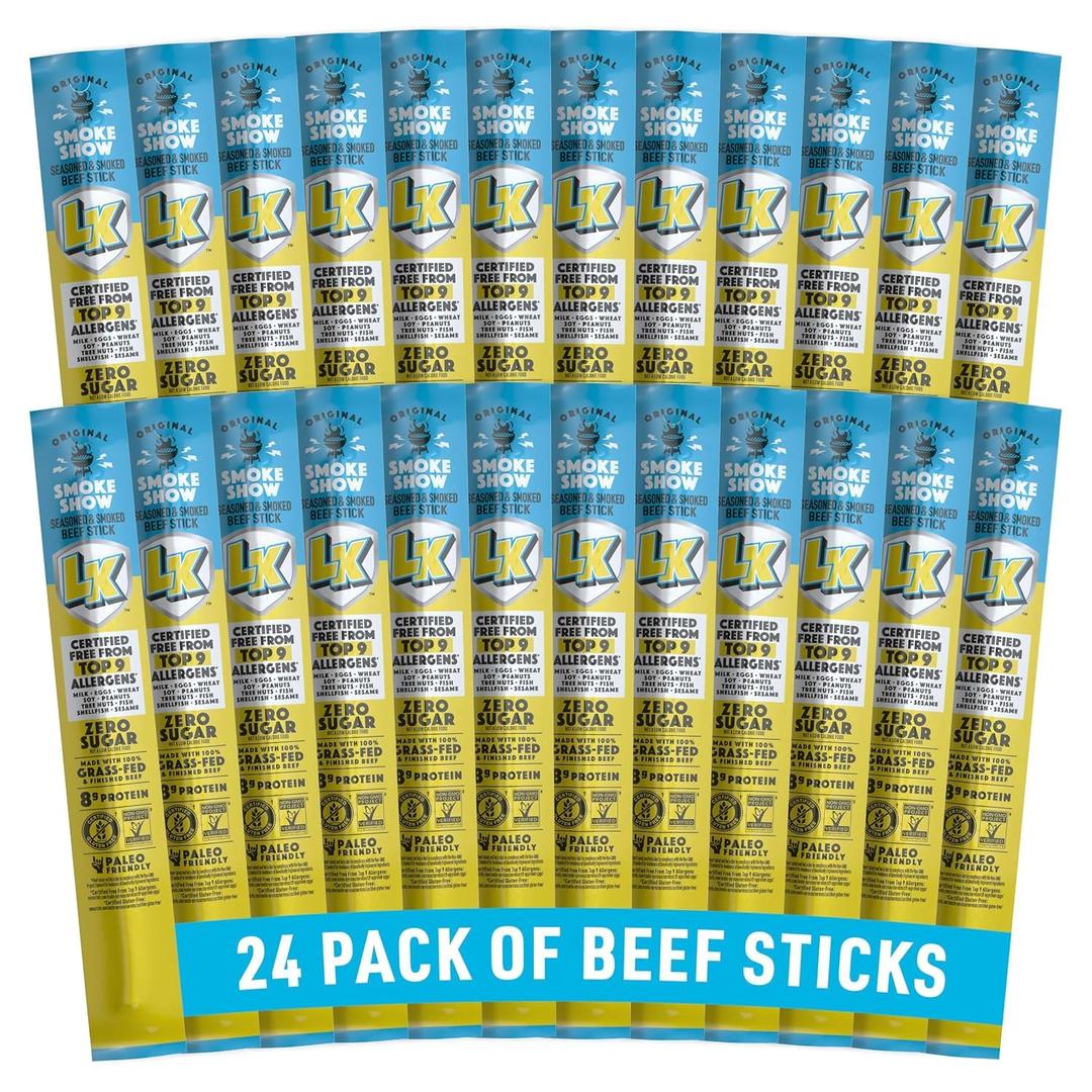 Lorissa's Kitchen Smoke Show Seasoned & Smoked Beef Sticks - (Pack of 24) 1 oz Meat Sticks - Ready to Eat Protein Snacks - Free from Top 9 Allergens - Made with Grass-Fed & Finished Beef - Zero Sugar (EXP 11/06/26)
