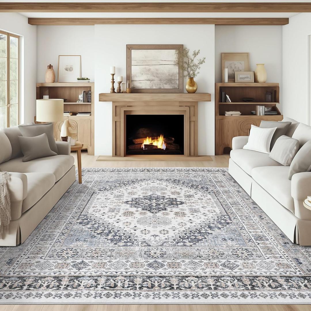 9x12 Area Rug,Ultra-Thin Washable Rugs for Living Room,Non-Slip Lightweight Foldable Area Rug,Stain Resistant Vintage Large Rugs (Grey/Beige,9'x12') 9x12 Area Rug,Ultra-Thin Washable Rugs for Living Room,Non-Slip Lightweight Foldable Area Rug,Stain Resistant Vintage Large Rugs (Grey/Beige,9'x12')