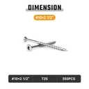 #10 × 2 1/2 inch 304 Stainless Steel Deck Screws Wood Screws, Flat Head T25 Star Drive, Type 17 Auger Tip with a Free T25 Star Drive Bit for All Outdoor Wood Construction 350Pcs