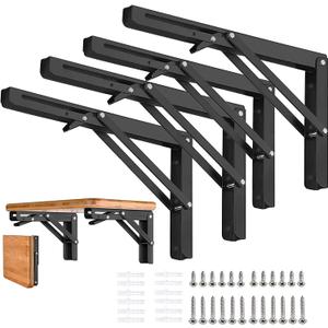 Folding Shelf Brackets 24 inch 4 Pcs - DIY Wall Mounted Shelf Bracket for Garage Workstation, Stuff Supports, Plant Stand - Heavy Duty Metal Collapsible Floating Shelf Bracket Black