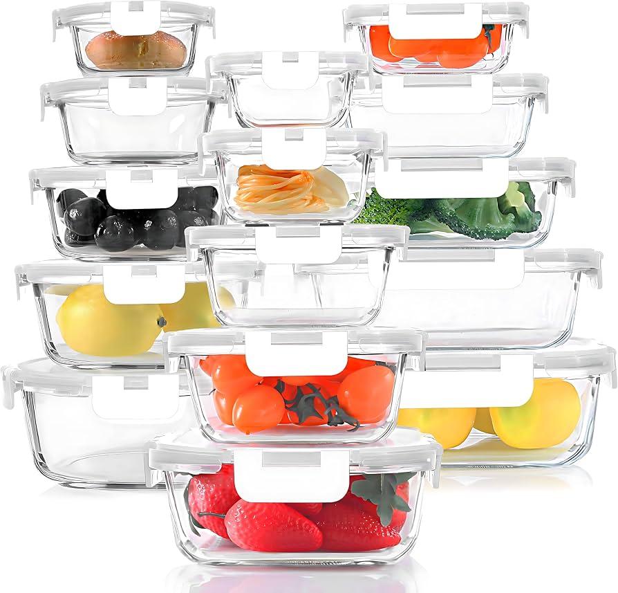 KOMUEE 15-Piece Glass Food Storage Containers Set, Meal Prep Containers with Snap Locking Lids, Airtight Lunch Containers, Microwave, Oven, Freezer & Dishwasher Safe, White