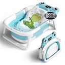 BUNWAG Baby Bathtub, Collapsible Newborn Bathtub for Infant to Toddler with Soft Cushion and Thermometer,Portable Travel Newborn Tub with No-Slip Feet, Baby Shower Gifts, 0-12 Months Baby Bath, Blue
