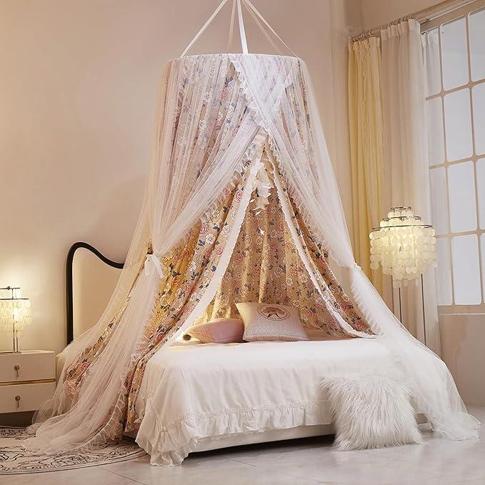 VETHIN Double Layer Princess Round Dome Canopy Bed Curtain for Girls Adults, Children Dreamy Mosquito Net, Cute Bedroom Decoration Castle Play Tent Reading Nook Canopies (Flowers/ White)