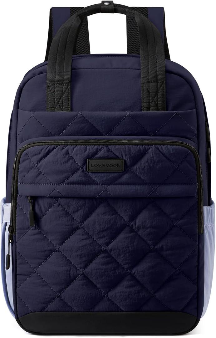 LOVEVOOK Puffer Backpack for Women Fits 15.6 Inch Laptop, Quilted Travel Backpacks Purse with Large Cup Holder, Teacher Computer Work Bags College Shool Bookbag, Puffy Carry On Personal Item Bag (Blue/Black)