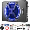 800W Slim Under Seat Powered Car Subwoofer Kit with Colorful LED Light,High/Low Level Input, Built-in Amplifier, and Car/Truck Audio System for Ultimate Sound Performance – Subwoofer and Amp Package
