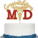 2 x Congratulations MD Cake Topper, Congrats Doctor Grad, Med School Survivor, Medical School Graduation Party Decorations, Gold and Red Glitter