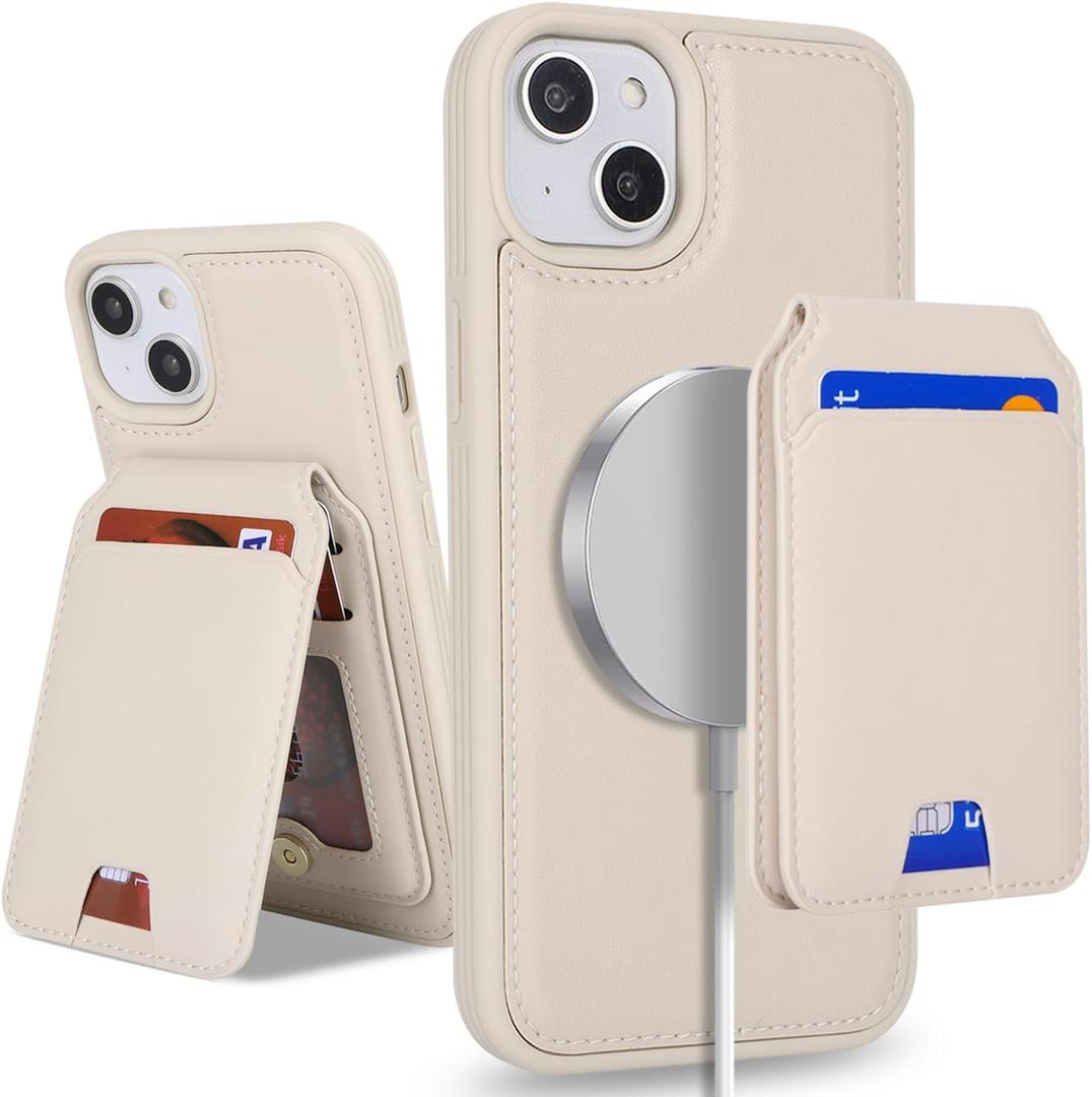 for iPhone 13 case with Credit Card Holder mag Safe,for iPhone 13 Phone Leather Case Wallet for Women Compatible mag Safe Wallet Detachable 2-in-1 for Men-Beige