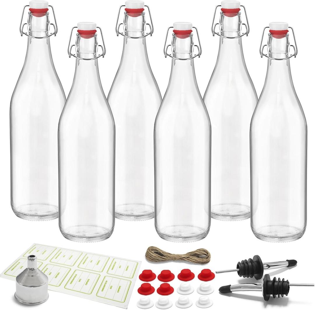 6 Pack [0.48 Liter / 16 fl. oz.] Swing Top Glass Bottles Airtight Flip Top Brewing Bottles for Kombucha, Beer, Wine, Kefir, Soda, Liquor Includes Funnel, 2 Pourers, 6 Seals, 8 Labels & Jute Twine Clear