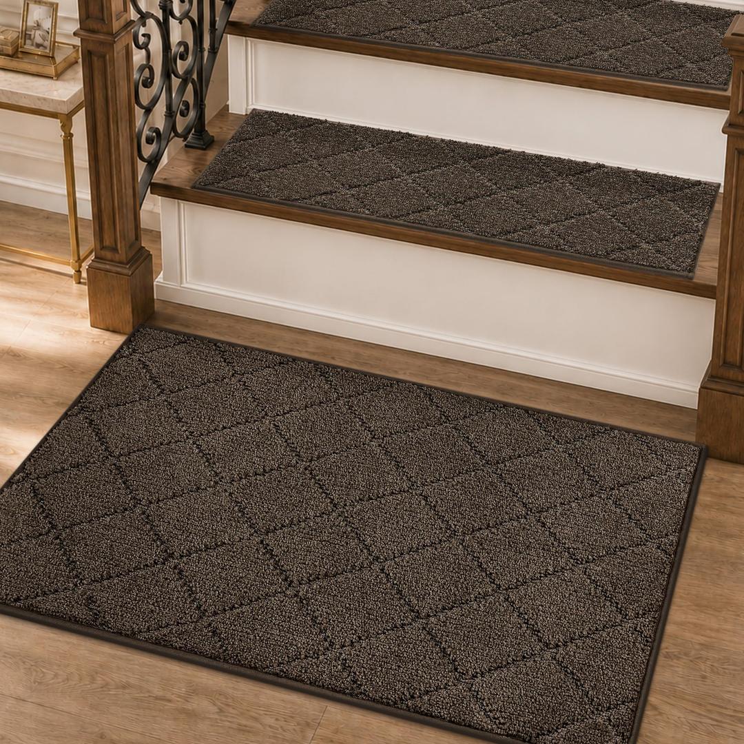 COSY HOMEER Stair Treads for Wooden Steps 11"x30" Washable Indoor Carpet Stair Treads Non Slip Soft Polyester Stair Carpet Tread Reusable Stair Runner Rugs for Kids, Elders,Pets,Brown,15pcs