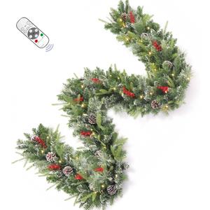 9FT Prelit Christmas Garland Decorations Snow with Dual Color LED Lights and Timer by Remote Control and Batteries Operated, Home Mantle Stairs Railing Fireplace Outdoor Indoor Wall