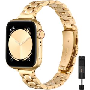 STIROLL Thin Replacement Band Compatible for Apple Watch 49mm 46mm 45mm 44mm 42mm(Series 3 2 1), Stainless Steel Metal Wristband Women Men for iWatch Ultra SE Series 10 9 8 7 6 5 4, Gold