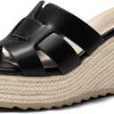 Coutgo Women's Wedge Sandals Platform Espadrille Heels Open Toe Strappy Slip On Casual Summer Slide Shoes (7.5, Black)