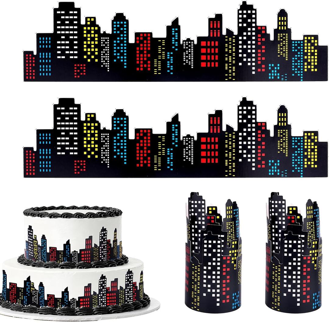 4pcs Spider Skyscraper Cake Toppers with Adhesive Dots, City Theme Cake Topper Skyscraper Border Decorations for Birthday Party & Construction Themed Events