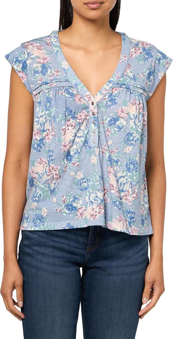 Lucky Brand Womens Printed Lace Trim Henley Tee (Medium, Blue Floral)