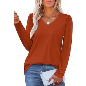 OFEEFAN T Shirts for Women V Neck Dressy Casual Blouses Puff Long Sleeve Fall Outfits Tops Loose Fit (Small, Caramel)