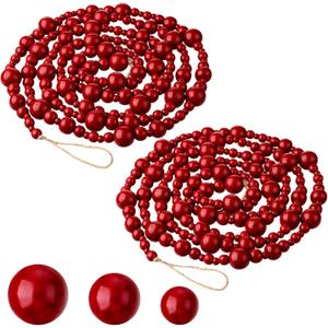 2 Pcs 16.4 Feet Christmas Wood Bead Garland Rustic Christmas Wooden Beads Decorative Tree Wooden Beaded Garland Decor Farmhouse Boho Ornaments for Xmas Decoration Supplies(Dark Red)
