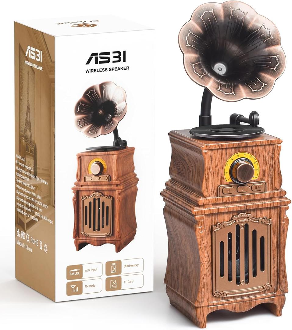 Retro Bluetooth Speaker With FM Radio, Bass, 5.3 Wireless Connect for Home Office Room Vintage Decor, USB/TF/AUX Player, Portable Rechargeable
