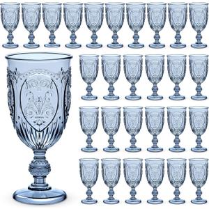 Wiwiqing 48 Pcs Plastic Goblets 7.5oz Vintage Goblet Plastic Wine Glasses Colored Retro Embossed Water Goblets for Wine Bar Juice Baby Shower Wedding Reception Grand Event Party (Blue)