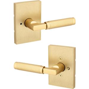 Kwikset Prava Interior Privacy Door Knurled Handle with Lock, Door Lever for Bathroom and Bedroom, Satin Brass, Reversible Keyless Push Button Lock Door Lever, with Microban Protection