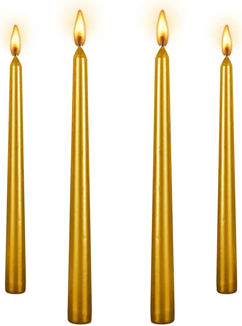 10 Inch Tall Tapered Spiral Candles, 8 Hrs, Tasteless & Smokeless, Long Tall Candlesticks for Home Dinner, Party, Wedding, Halloween, Christmas (4, Gold, 25cm)