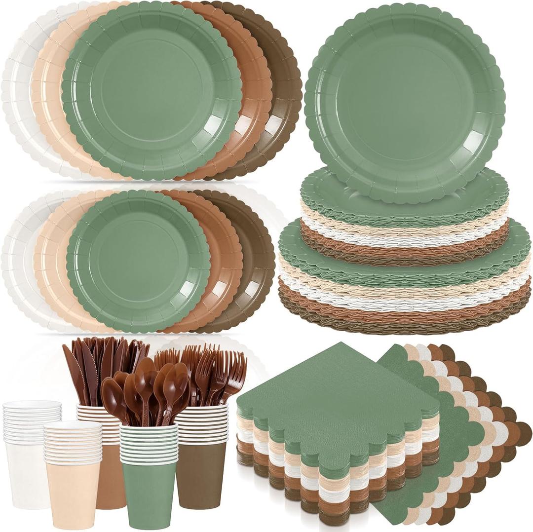 Zhehao 350 Pcs Woodland Party Supplies Set Green and Brown Disposable Tableware Kit with Plates, Cups, Napkins, Cutlery in Natural Earth Tones for Baby Shower, Birthday, Wedding Forest Events