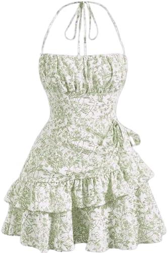 Narecte Summer Dresses for Women, Tie Halter Mini Dress, Floral Print Short Dress, Ruffle Trim Casual Dresses XL