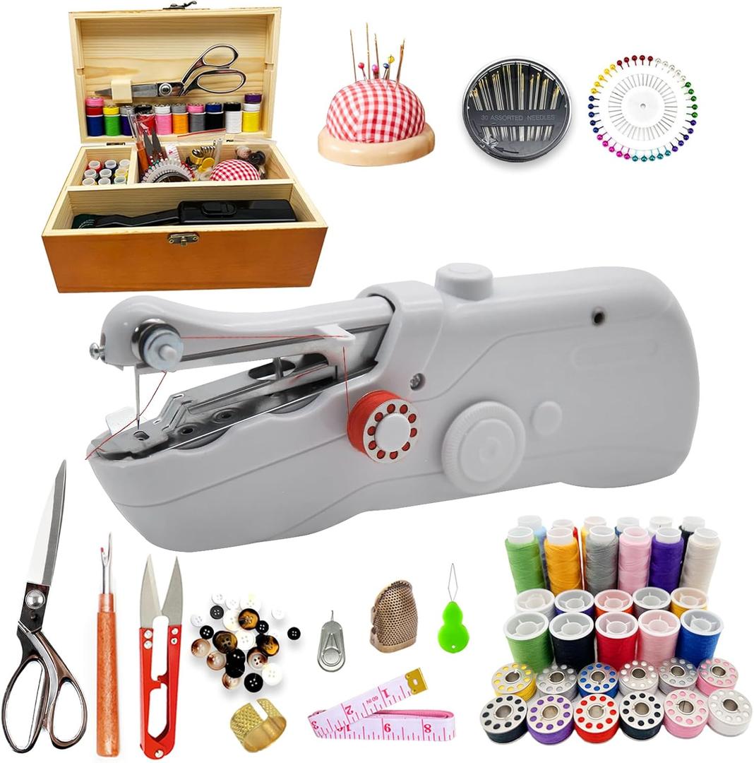 Handheld Sewing Machine with Exquisite Wooden Storage Box & 142-Piece Sewing Kit - Electric Switch, Dual Power Supply, Assorted Needles, Threads, Heavy Duty Scissors - Meets All Household Sewing Needs (White)