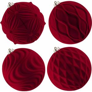 Lanpn 4 Pcs 6" Large Christmas Ornaments, Oversized Velvet Xmas Tree Ball, Big Flocked Christmas Tree Ornament, Shatterproof Plastic Balls for Lawn Yard Holiday Hanging Decor, Red (Burgundy)