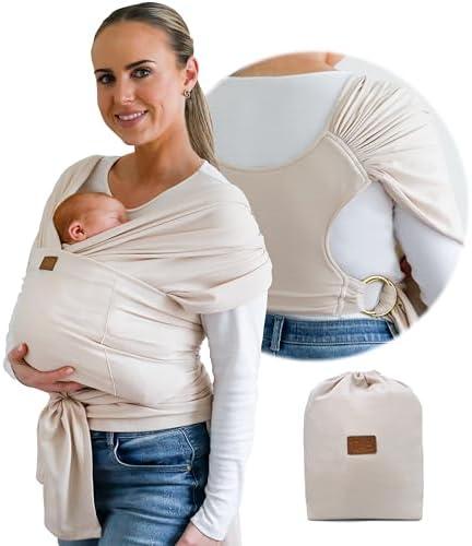 Stylish Beige & Gold Baby Carrier Wrap: Comfortable, Soft & Supportive, Adjustable Ring Sling for Mom & Dad, Ideal for Baby Registry, Newborn to Toddler, Baby Shower