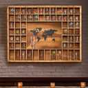 Large Shot Glass Display Case with World Map,60 Slots, 34 X 26 Inch Rustic Wood Shot Glass Display Cabinet for 2 Size -In Rooms Bars Wine Cellars with Shot Glasses Jewelry Shell & Keepsakes