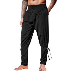 Runcati Mens Medieval Ankle Pants Renaissance Viking Pirate Lace Up Tapered Halloween Linen Costume Trousers (Medium, Black)