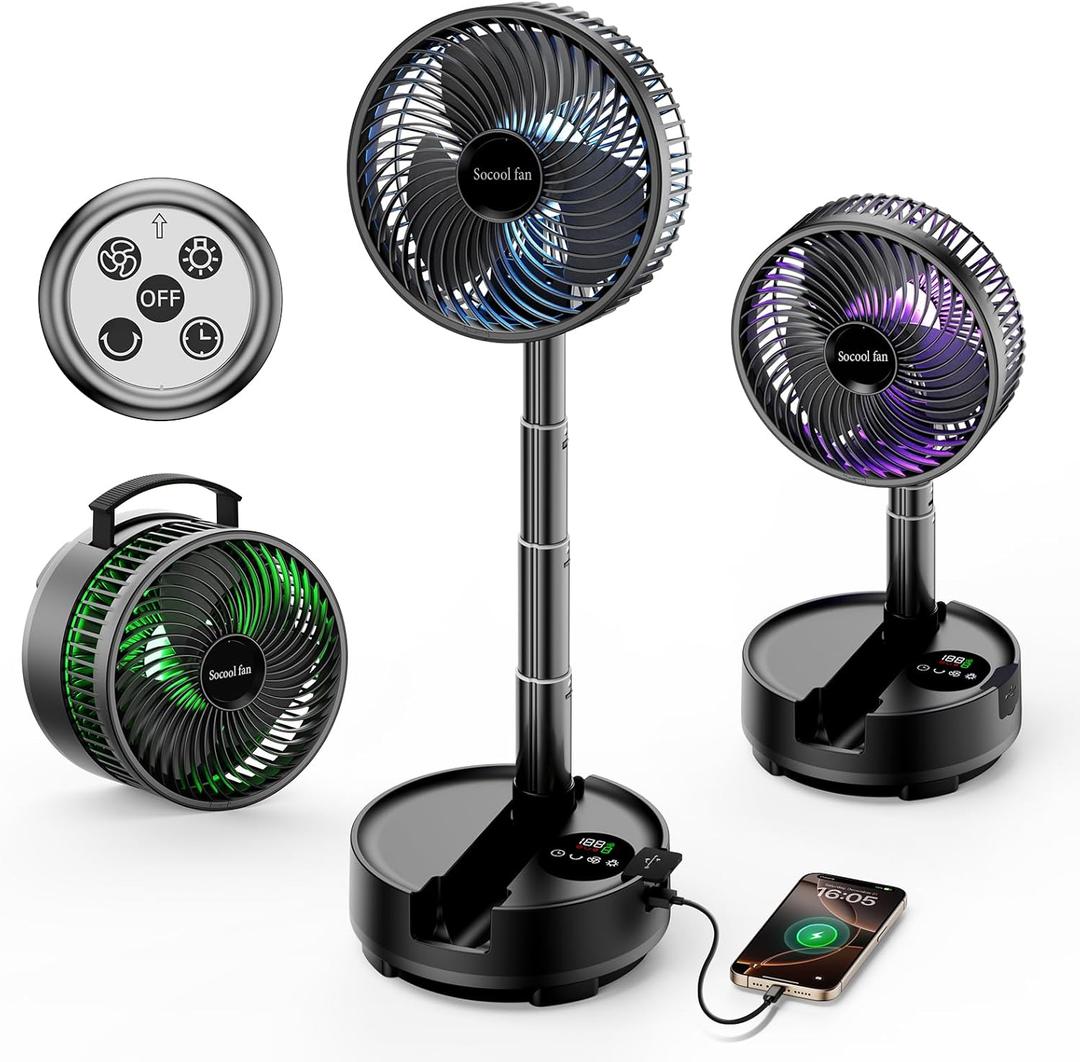Socool 20000mAh Portable Fan Foldable Wireless Battery Rechargeable with 8-Speed & 112H, 90 Osciliating Floor Standing Fan Remote, Desk Fan with 8H Timer & LED Light for Home Kitchen Travel Camping
