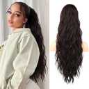 Flufymooz Ponytail Extension, 26 Inch Drawstring Ponytail Hair Extensions for Women Long Curly Wavy Pony Tail Natural Wavy Synthetic Hairpiece for Women Daily Use party (26 Inch Black Brown)