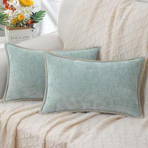 decorUhome Chenille Soft Throw Pillow Covers 12x20 Set of 2, Lumbar Velvet Farmhouse Neutral Decorative Pillow Covers with Stitched Edge for Couch Sofa Bed Home Decor, Aqua Haze