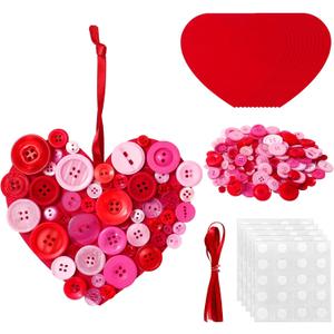 Whaline 12 Sets Button Valentines Ornament Kit Pink Heart Button Craft Hanging Decorations for DIY Home Activities Wedding Anniversary Party Favors Supplies