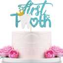 WeBenison First Tooth Cake Topper/Baby Shower/Baby 6 Months/First Tooth Party Decorations Supplies Blue Glitter