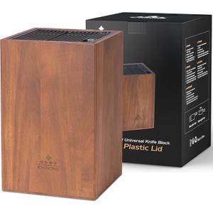 Acacia Wood Universal Knife Block with Plastic Slot Top, Kitchen Knife Holder for Knives, Scissors & Sharpening Rod, Easy-Clean Countertop Storage Organizer