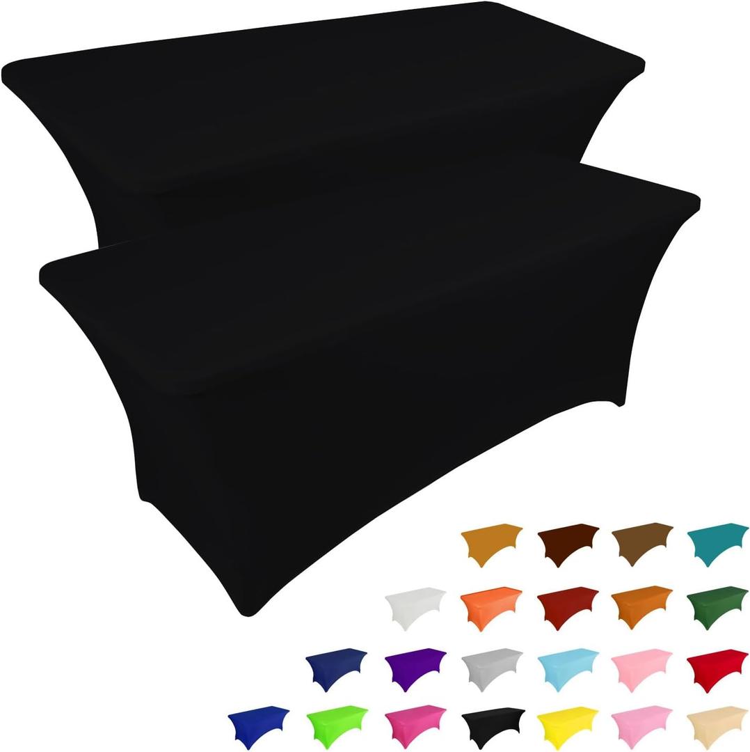 IVAPUPU 2 Pack 6FT Table Cloth for Rectangular Fitted Events Stretch Black Table Covers Washable Spandex Tablecloth Protector for Party, Wedding, Cocktail, Banquet, Festival