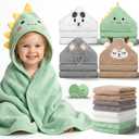 14-Piece Baby Bath Towels Set with 4 PCS Hooded Baby Towels, 8 PCS Washcloths & 2PCS Bath Brush for Infants & Toddlers, Ultra Absorbent Newborn Bath Essentials Gift for Boys & Girls