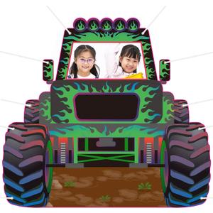 Leinuosen Monster Truck Photo Booth Props Green and Purple Truck Party Supplies Monster Birthday Backdrop Background Banner Baby Shower Props for Photobooth Birthday Party Decoration, 59 x 48 Inch