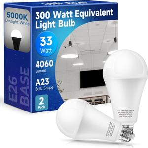 UNILAMP 300 Watt Equivalent LED Light Bulb, Super Bright 4060LM Bulbs, A23 Daylight 5000K E26 33W Energy Saving LED Bulb for Garage,Warehouse,Workshop,Supermarket, Backyard, Non-Dimmable, 2-Pack