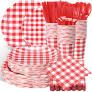 Funnymoom 400 Pcs Gingham Party Supplies for 50 Guests Red and White Paper Plates and Napkins Knives Spoon Fork Cup Disposable Checkered Dinner Party Set Cutlery for Baby Shower Wedding Favor