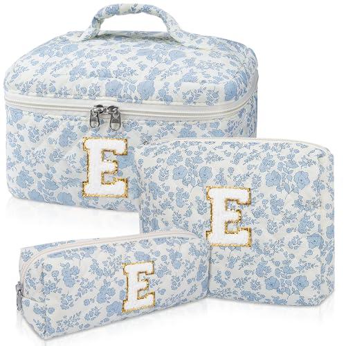 Junesters Initial Makeup Bag Set, Personalized Quilted Makeup Bag, Large Floral Cosmetic Bag for Women, Cute Cotton Custom Make up Bags, Flower Travel Toiletry Bag Teen Girl Gift Blue Flower E