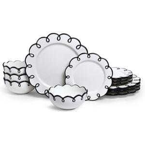 Sango 12-Piece Stoneware Dinnerware Set for 4, Glossy White Plates and Bowls Sets with Black Scalloped Rims, Premium Dish Set, Dishes for Hosting Parties, Birthday & Wedding Gifts, Splash of Cheers