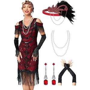 Great Gatsby Dresses 1920s for Women, Vintage Long Fringe Dress Roaring 20s Sequins Beaded Dress with Accessories Set, Medium